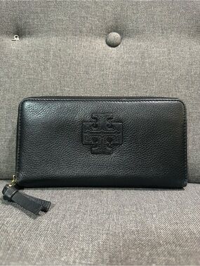 Tory Burch Black Pebbled Leather Zip Around Wallet